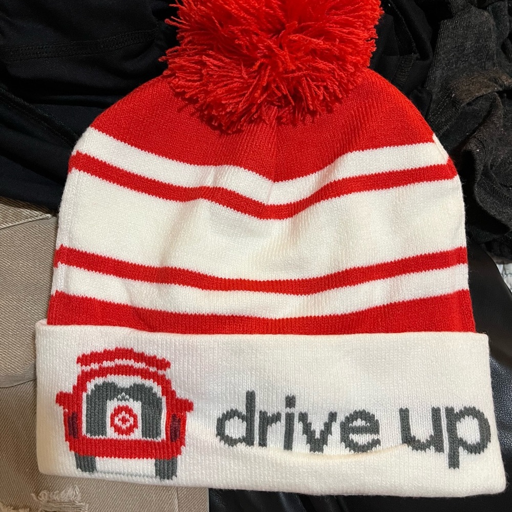 Red and White Target Pom-Pom Beanie